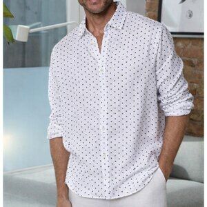 100% Linen Raffi White Button Down Shirt Star Print Size large Old Money Resort